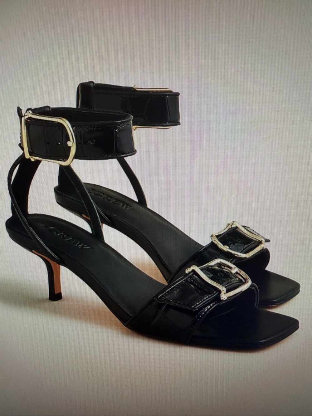 J. Crew Black Ankle-Strap Kitten Heels with Gold Buckle Accents